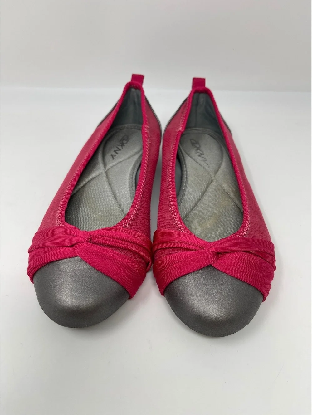 DKNY Womens Pink Metallic Grey Ballet Flats Knot Toe Elastic Comfort Shoes 5.5